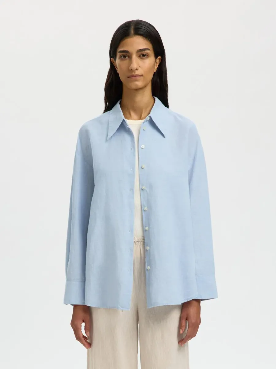 SlfCleo Oversize Linen Blend Shirt Dusty Blue Mix w. White