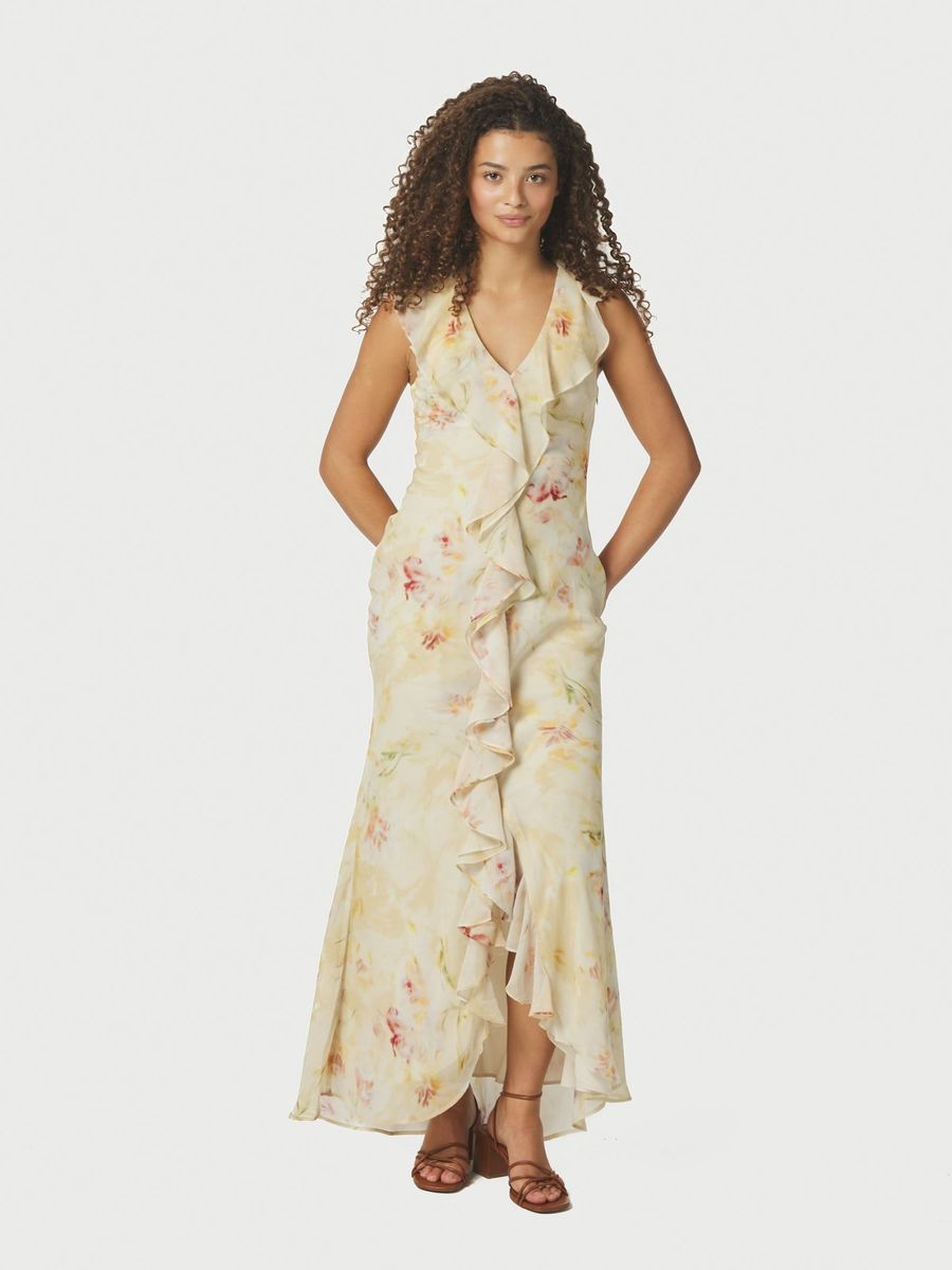 Zella Chiffon Print Dress Dusty Yellow